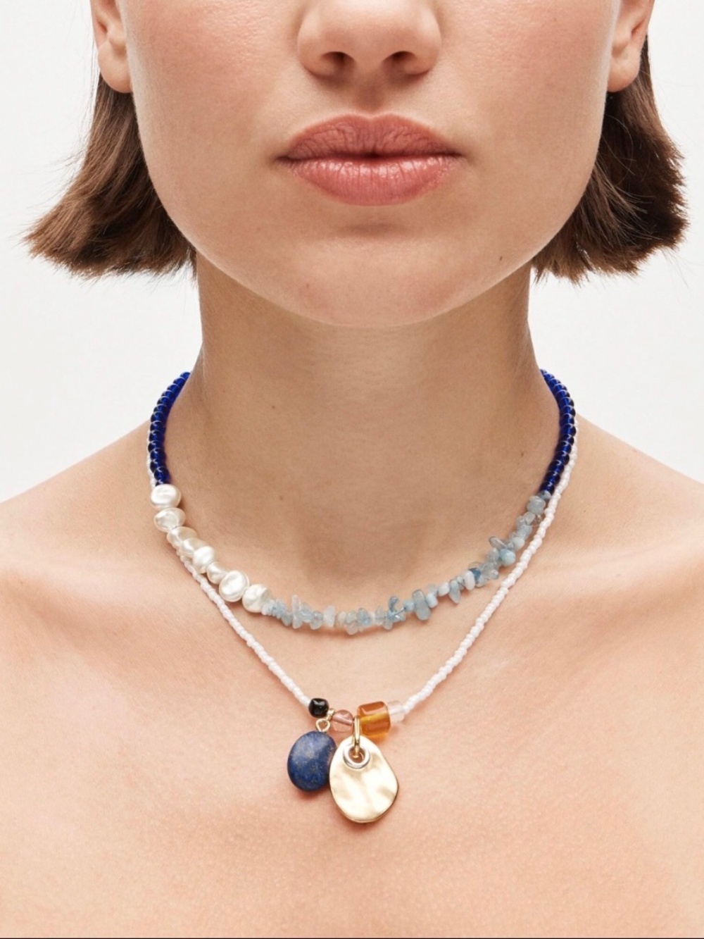 Madewell Beaded Charm Necklace White Seed Beads Blue Stone Gold-Tone Pendant